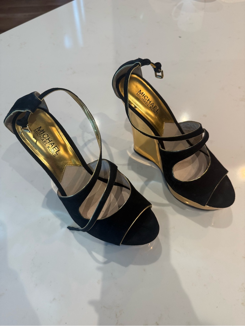 Michael Kors Black and Gold Strappy Wedge Sandals